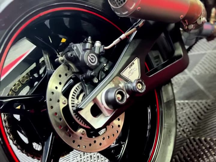 Close-up of a freshly detailed motorcycle wheel and brake